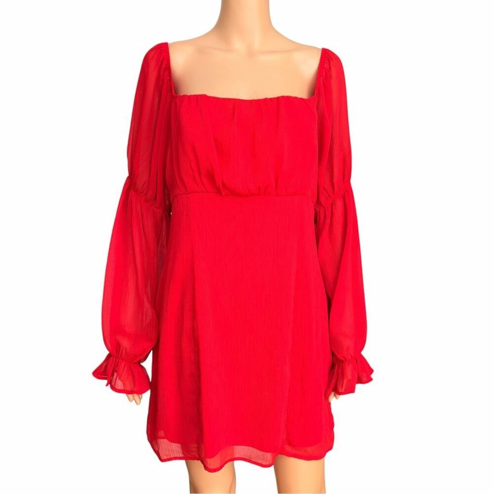 Francesca’s Blue Rain Mini Dress Red Lined Chiffon Stretch Square Neck sz L NWT